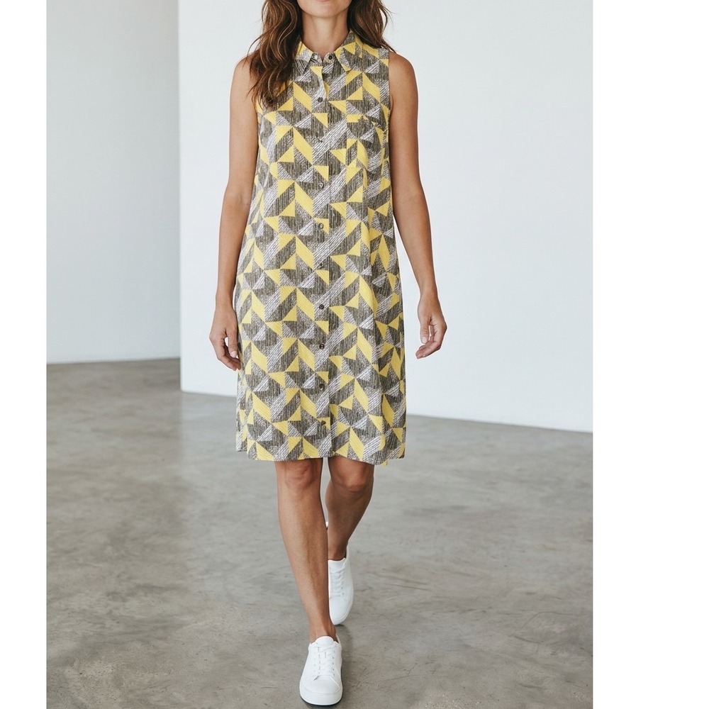 Alfani Womens Yellow Grey Geometric Triangle Sleeveless Button Front Dress 10